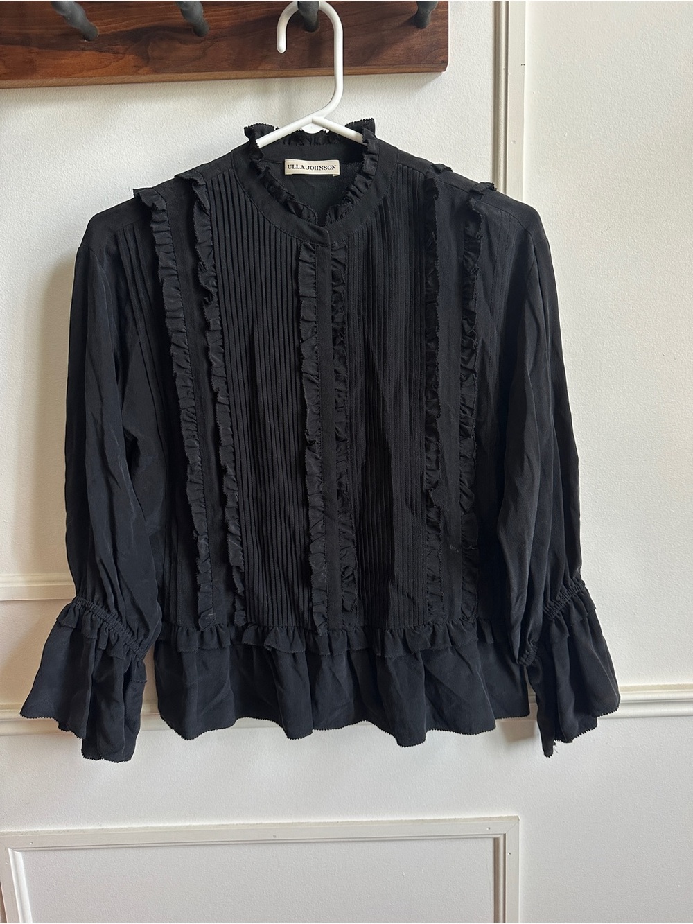 Ulla Johnson Black Silk Pintuck Ruffle Blouse
